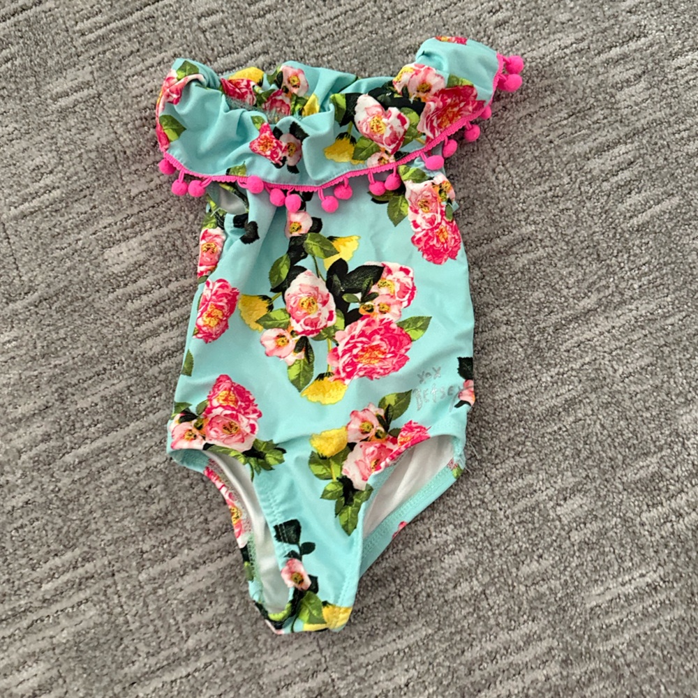 Betsey Johnson Blue Floral One Piece with Pink Pom Poms